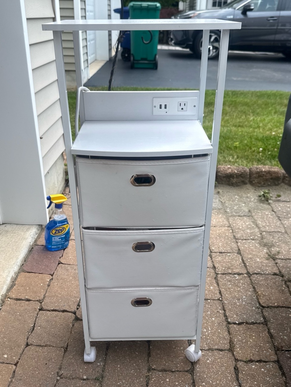 White Mobile Storage Cart with 3 Drawers and Built-In Outlets